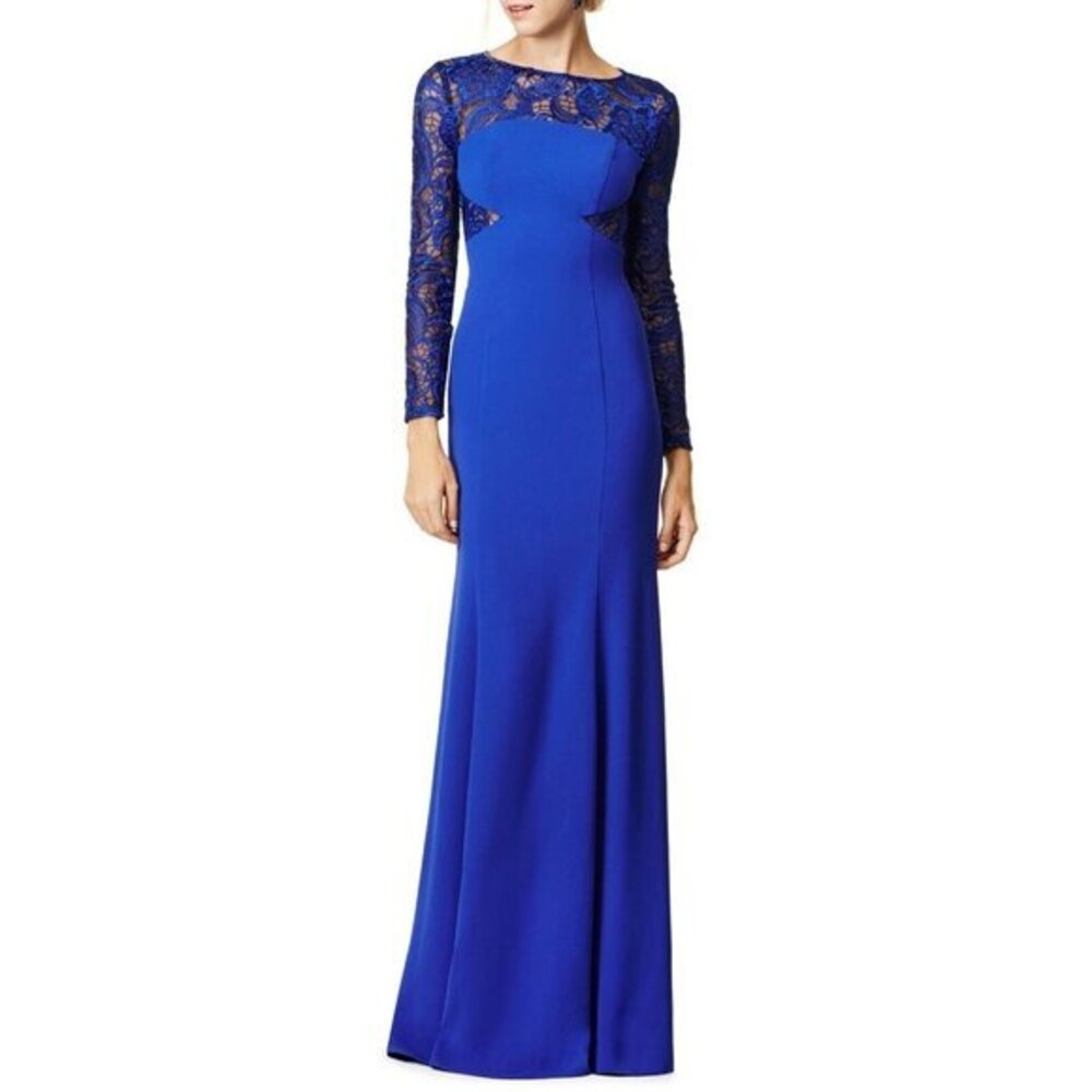ML Monique Lhuillier Cobalt Blue Lace and Crepe mermaid Dress Evening Gown SZ 6